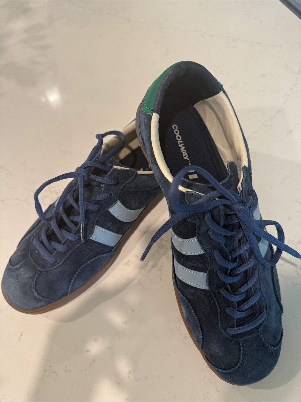 Coolway Men's Navy Suede Sneakers with Light Blue Stripes and Green Heel Accent